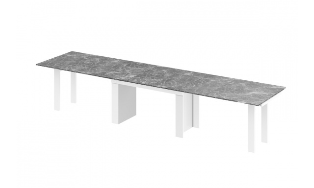 Jedálenský stôl Margo- rozklad od 170 cm do 410 cm, doska DARK venatino lesk/ nohy biely lesk