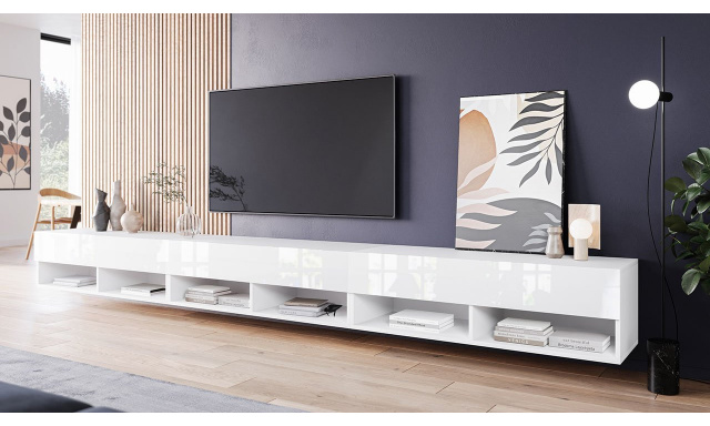 TV stolík Lebeno 300, bielá/bielý lesk s LED osvetlením