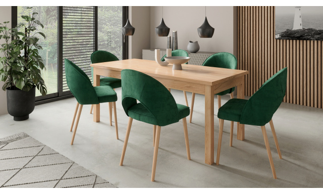 Stůl Adriana303 dub craft + 6x zelená jídelní židle