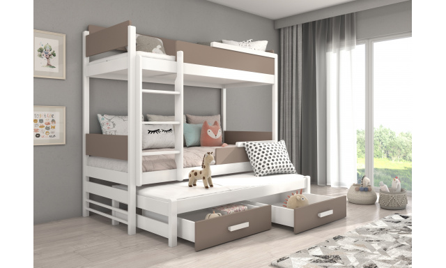 Poschodová posteľ pre 3 deti Krosno, 200x90cm, biela/trufel