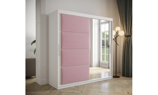 Šatníková skriňa Tempica 200cm so zrkadlom, biela/ružový panel