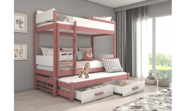 Poschodová posteľ pre 3 deti Krosno, 200x90cm, biela/ružová