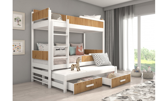 Poschodová posteľ pre 3 deti Krosno, 200x90cm, biela/dub artisan