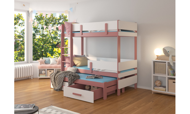 Poschodová posteľ pre 3 deti Ende, 200x90cm, ružová/biela