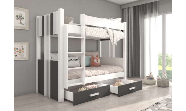 Poschodová posteľ pre 2 deti, 200x90cm, biela/tmavo sivá
