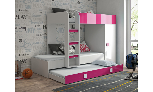 Detská posteľ pre 3 deti Thiago, biela / ružový lesk