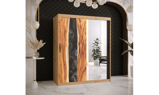 Šatníková skriňa Zivela 2 so zrkadlom, 150cm, dub artisan/čierna/živica