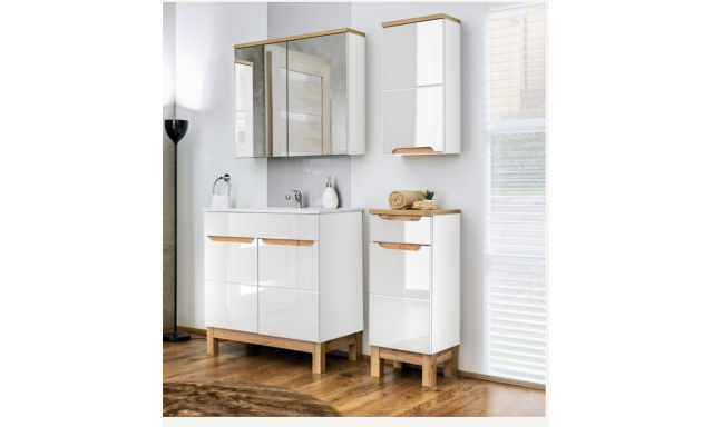 Kúpeľňový nábytok Brela zostava B, wotan/biely lesk + umývadlo