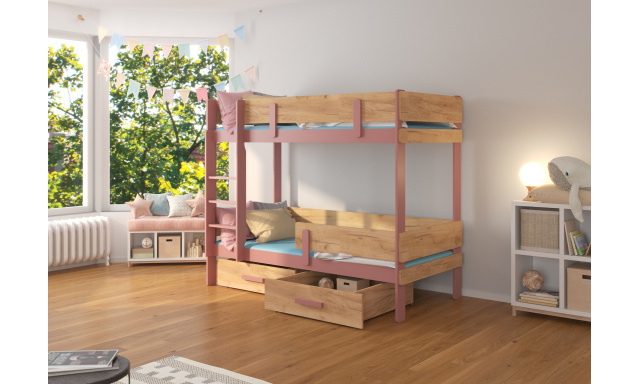 Poschodová posteľ pre 2 deti Estera, 200x90cm, dub zlatý/ružová