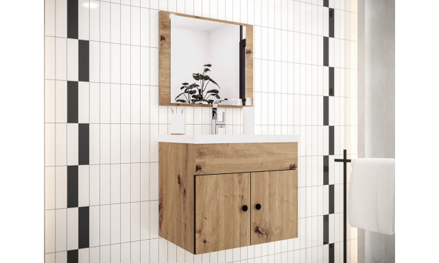 Kúpeľňový nábytok Kresto B, dub Artisan + umývadlo + zrkadlo