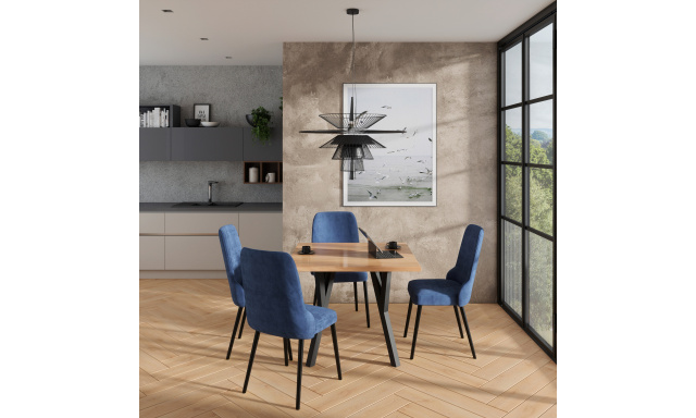 Stůl Adriana301 dub craft + 4x modrá jídelní židle