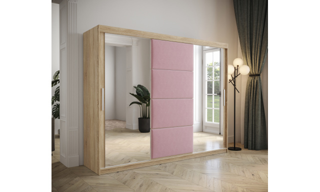 Šatníková skriňa Tempica 250cm so zrkadlom, sonoma/ružový panel