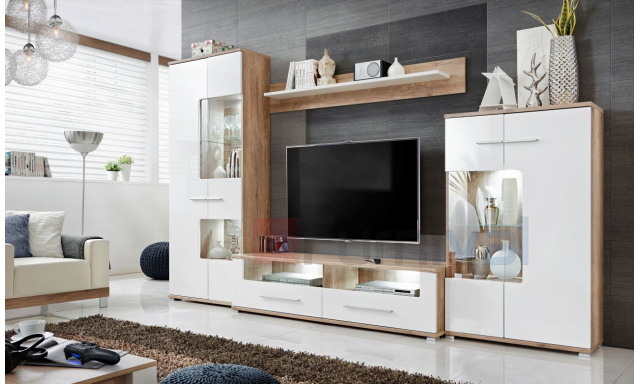 Moderná obývacia izba Sella C, dub / MDF biely lesk