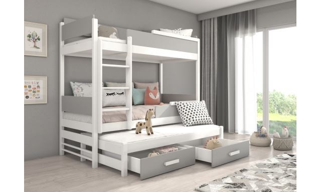 Poschodová posteľ pre 3 deti Krosno, 200x90cm, biely mat/sivá