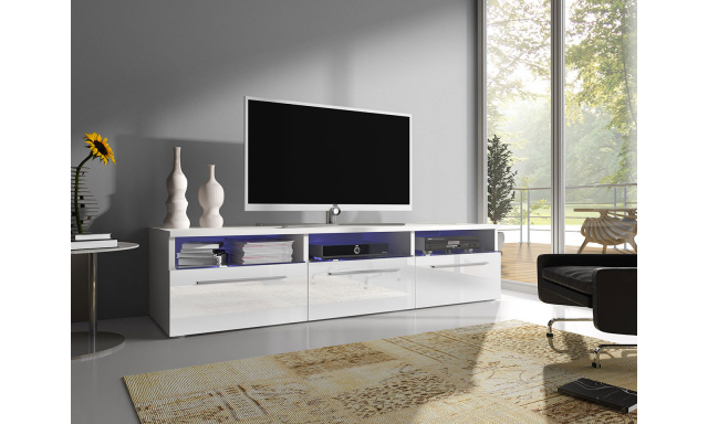 Moderný TV stolík Rabia 150, biela / biely lesk + LED
