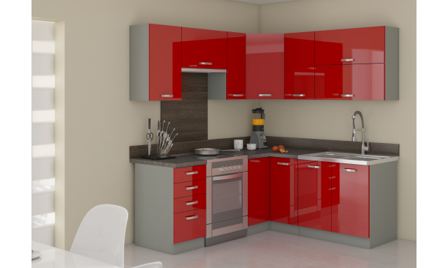 Rohová kuchyne Rosso 190x170cm, červený lesk