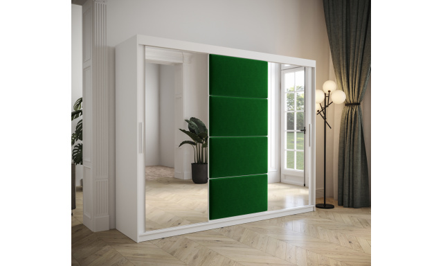 Šatníková skriňa Tempica 250cm so zrkadlom, biela/zelený panel