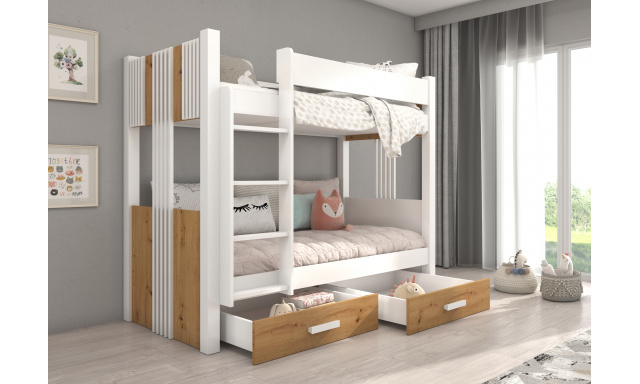 Poschodová posteľ pre 2 deti, 200x90cm, biela/dub artisan