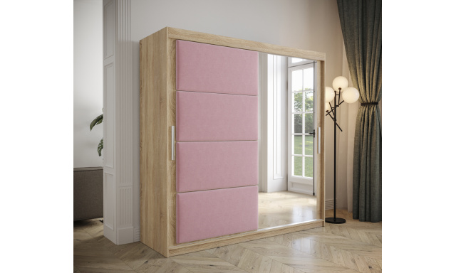 Šatníková skriňa Tempica 200cm so zrkadlom, sonoma/ružový panel