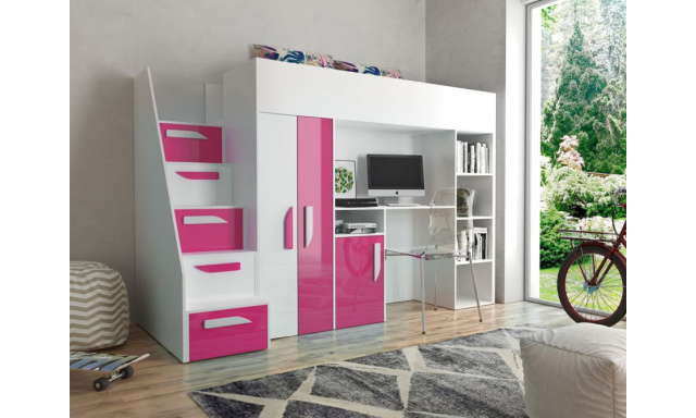 Detská izba s posteľou Padano, biela / ružový lesk