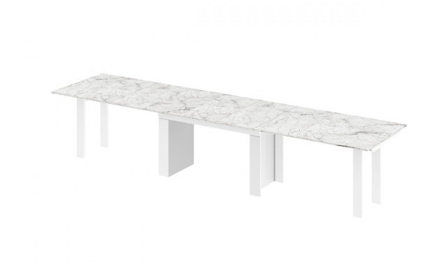 Jedálenský stôl Margo- rozklad od 170 cm do 410 cm, doska WHITE venatino lesk/ nohy biely lesk