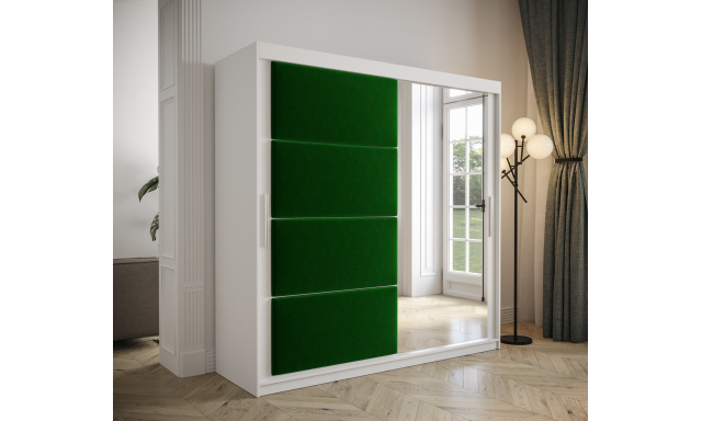 Šatníková skriňa Tempica 200cm so zrkadlom, biela/zelený panel