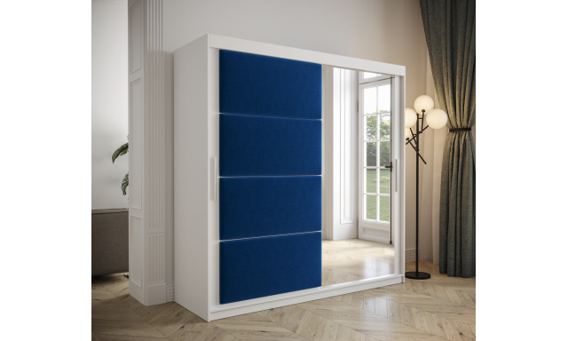 Šatníková skriňa Tempica 200cm so zrkadlom, biela/modrý panel