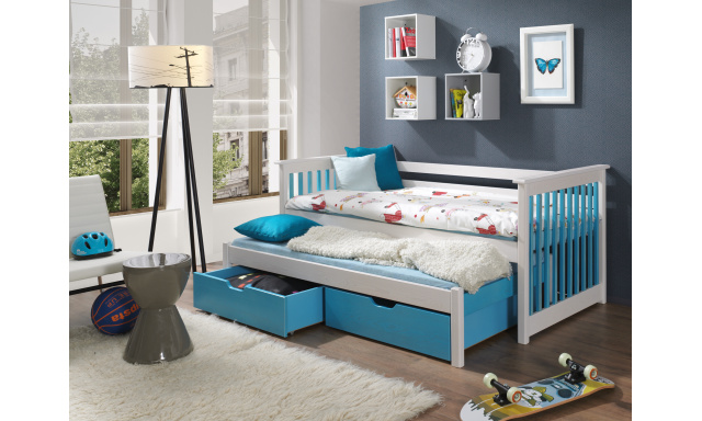 Moderná detská posteľ Sambor pre 2 deti, biela/modrá (180x80cm)