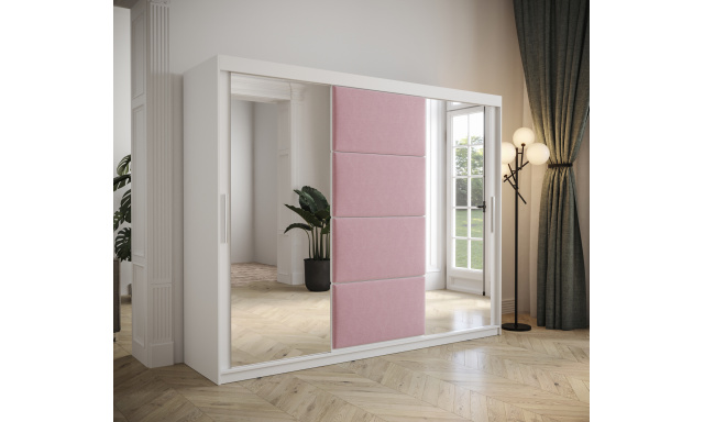 Šatníková skriňa Tempica 250cm so zrkadlom, biela/ružový panel