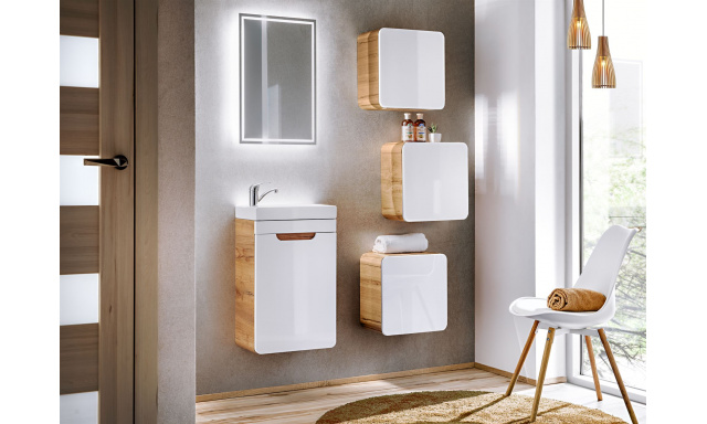Kúpeľňový nábytok Atako zostava B, craft/biely lesk + umývadlo + zrkadlo