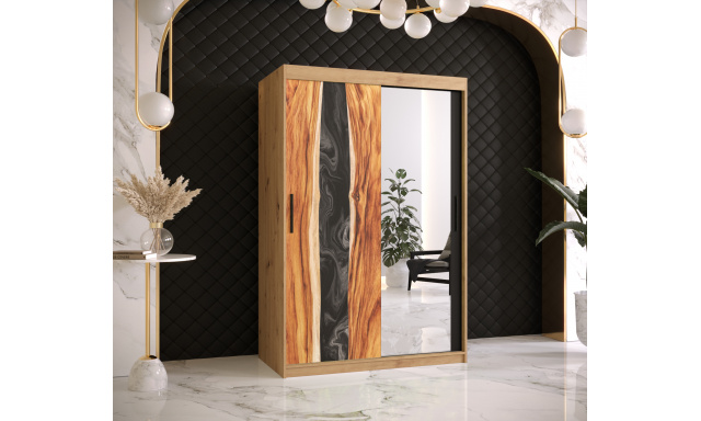 Šatníková skriňa Zivela 2 so zrkadlom, 120cm, dub artisan/čierna/živica