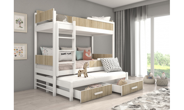 Poschodová posteľ pre 3 deti Krosno, 200x90cm, biela/dub