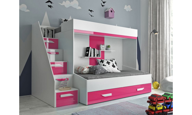 Detská posteľ pre 2 deti Paros, biela / ružový lesk