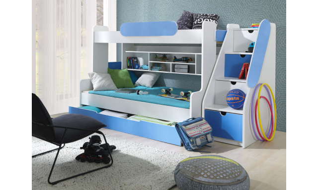 Poschodová detská posteľ pre 2 deti Sopros, biela/modrá