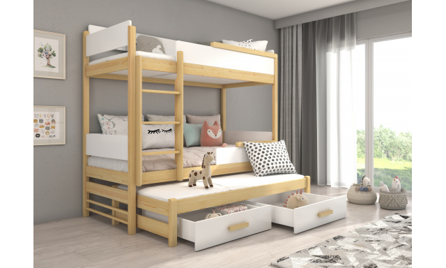 Poschodová posteľ pre 3 deti Krosno, 200x90cm, biela/borovica