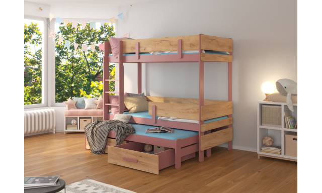 Poschodová posteľ pre 3 deti Ende, 200x90cm, dub/ružová