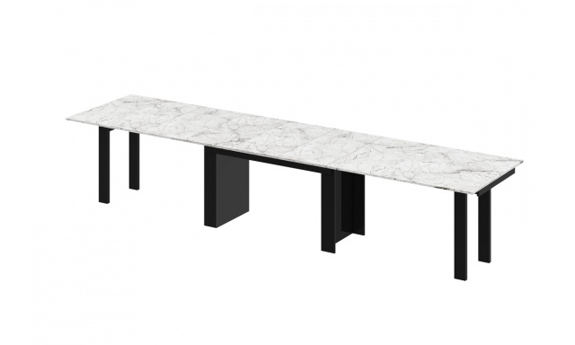 Jedálenský stôl Margo- rozklad od 170 cm do 410 cm, doska WHITE venatino lesk/ nohy čierny lesk