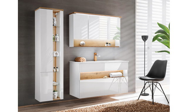 Kúpeľňový nábytok Barguil zostava C, wotan/biely lesk + umývadlo