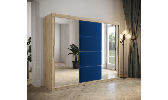 Šatníková skriňa Tempica 250cm so zrkadlom, sonoma/modrý panel