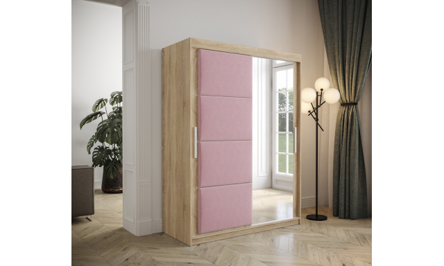 Šatníková skriňa Tempica 150cm so zrkadlom, sonoma/ružový panel