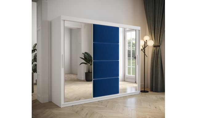Šatníková skriňa Tempica 250cm so zrkadlom, biela/modrý panel