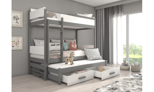 Poschodová posteľ pre 3 deti Krosno, 200x90cm, biela/sivá