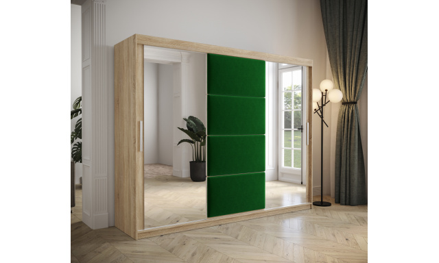 Šatníková skriňa Tempica 250cm so zrkadlom, sonoma/zelený panel