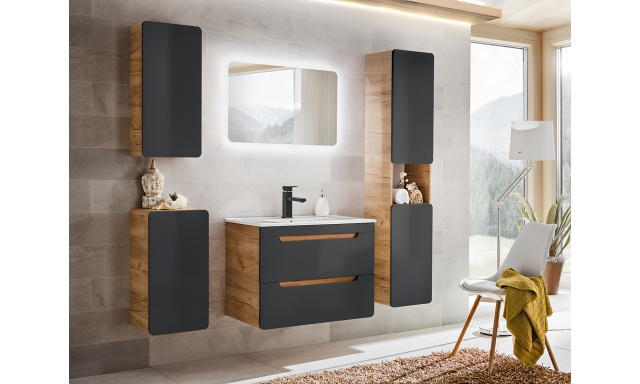 Kúpeľňový nábytok Atako zostava A, craft/čierna + umývadlo + zrkadlo