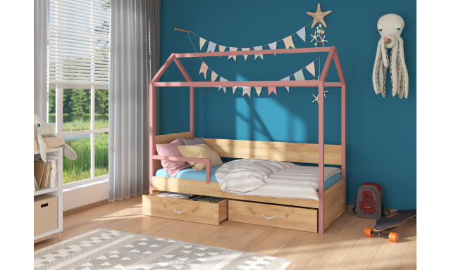 Detská posteľ Othelo väčšia so zábranou, růžová / dub zlatý + matrace ZADARMO!