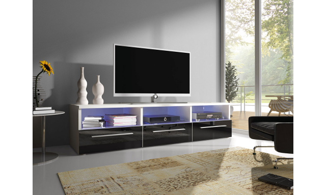 Moderný TV stolík Rabia 150, biela / čierny lesk + LED