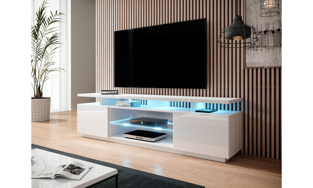 Kvalitný TV stolík Eremko, MDF biely lesk + LED podsvietenie
